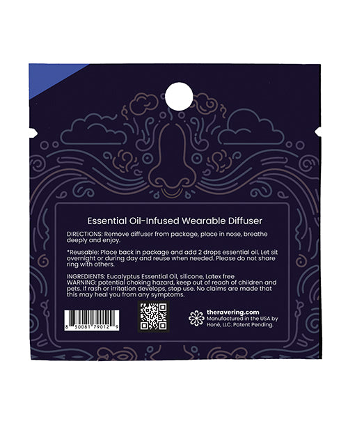 Rave Ring Vapor Single Sachet Eucalyptus Scent Blue essential oil-infused wearable diffuser packaging back view.