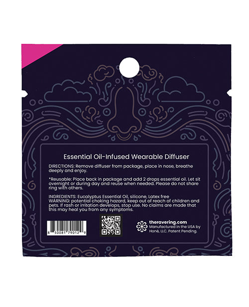 Rave Ring Vapor Single Sachet Eucalyptus Scent Pink packaging with essential oil diffuser instructions.