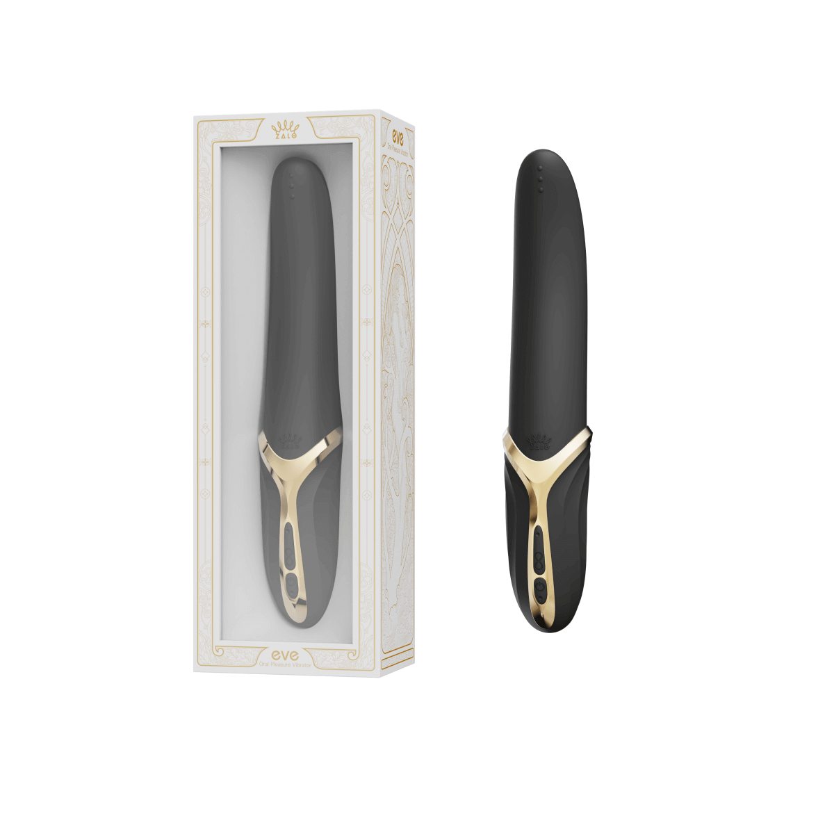 ZALO Aurora Series EVE Oral Simulator Vibrator Black with Dual Motors and Heating Function in and out of packaging