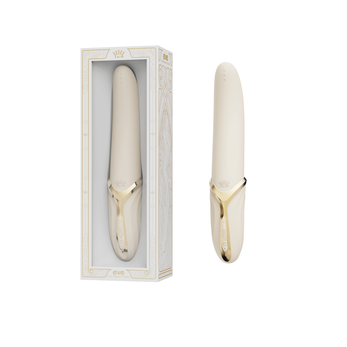 ZALO Aurora Series EVE Oral Simulator Vibrator White with Dual Motors & Heating Function standing next to its elegant packaging