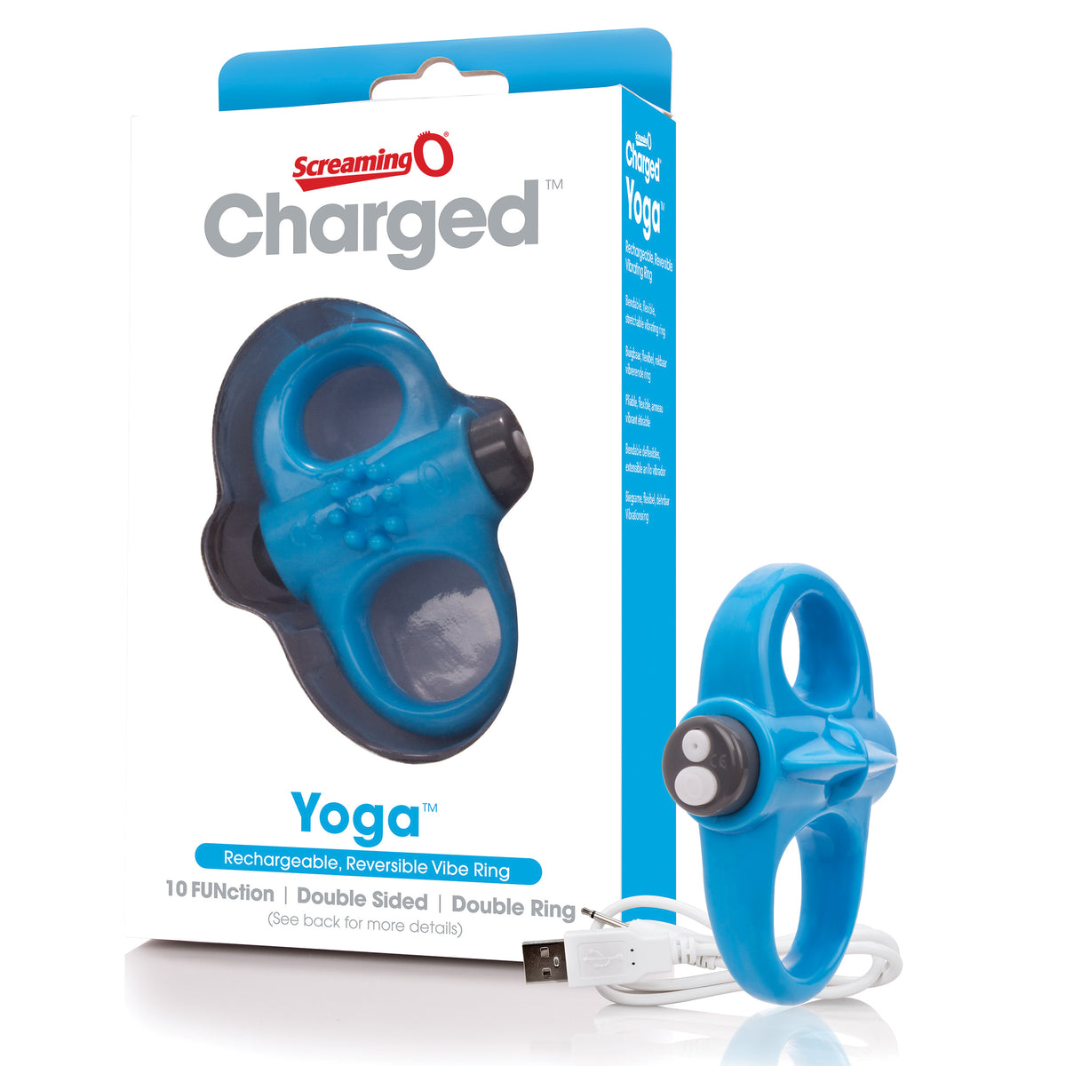 Screaming O Charged Yoga Rechargeable Vibe Ring Blue in package with USB charging cable