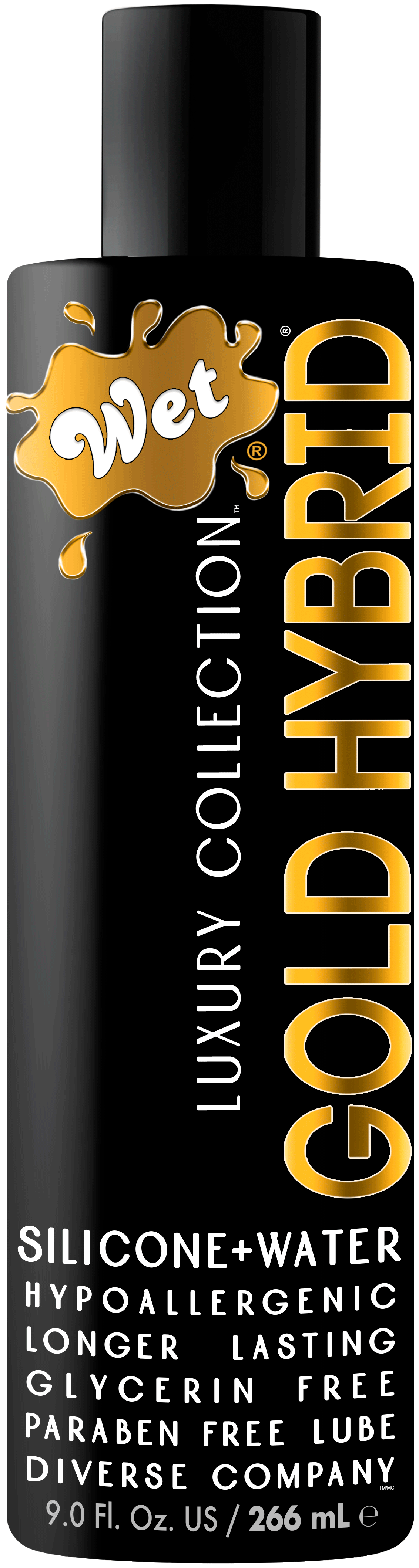 Wet Gold Silicone Water Blend Lubricant 9 Oz bottle featuring hybrid formula for enhanced intimacy and easy cleanup.