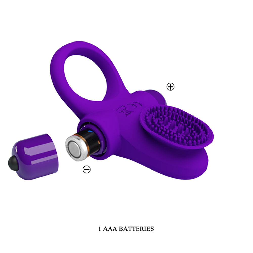Pretty Love Vibrating Cock Ring II Purple features a battery compartment and textured surface for enhanced pleasure.