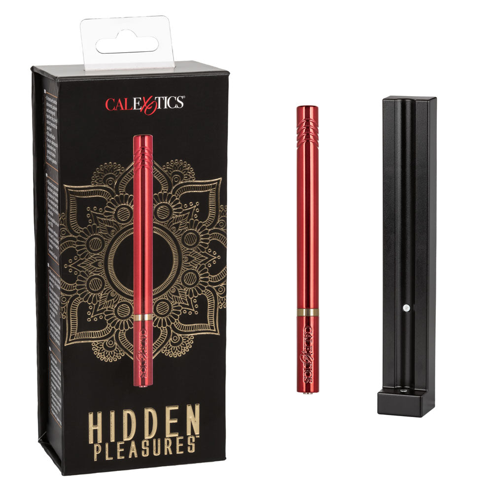 CalExotics Hidden Pleasures Bullet Vibrator Red in packaging, discreet and pocket-sized design for pleasure.