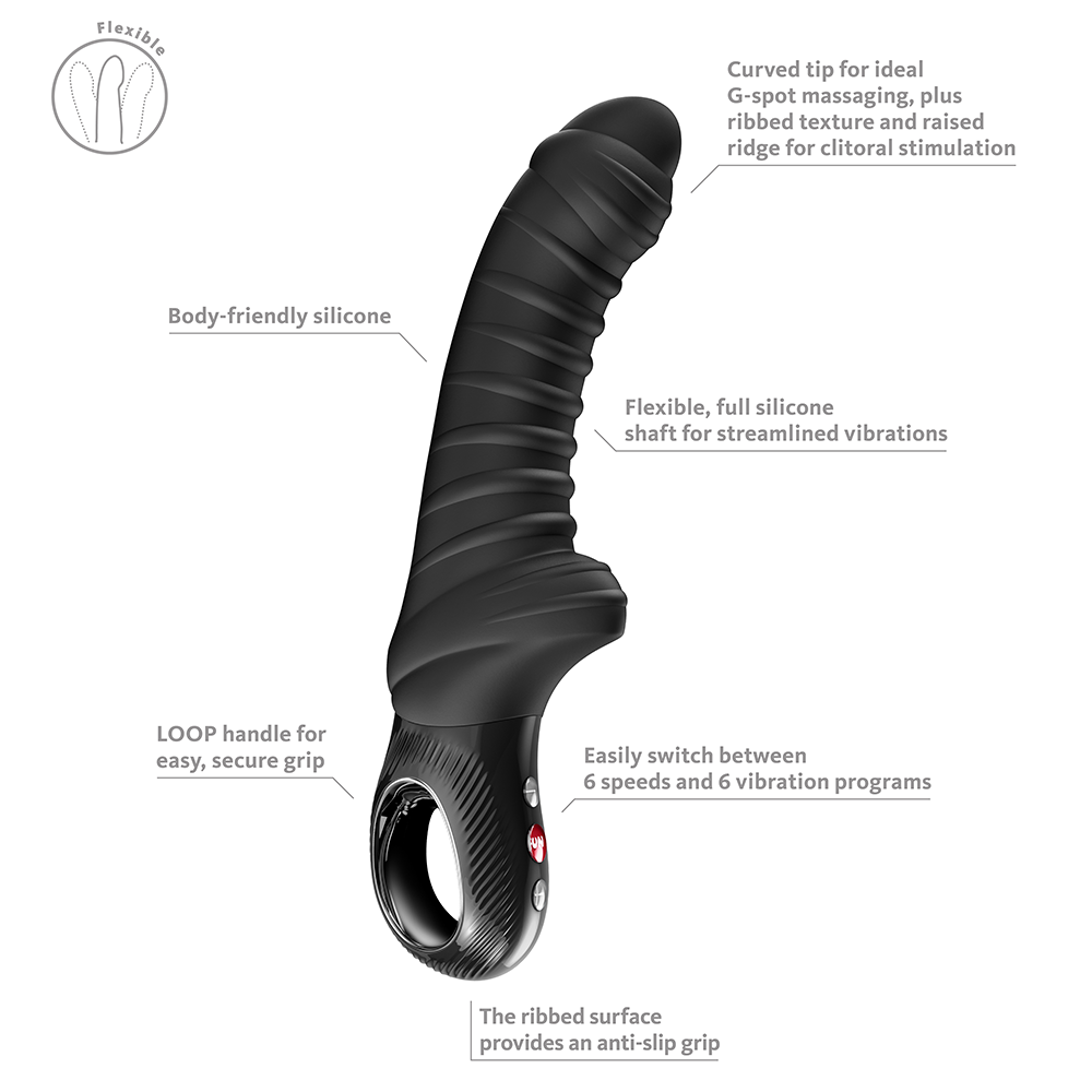 Fun Factory Tiger G-Spot Vibrator Black features a curved tip, ribbed texture, and flexible shaft for enhanced stimulation.
