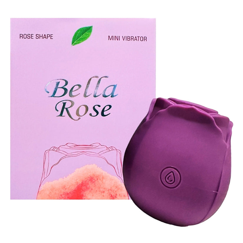 Bella Rose Silicone Clitoral Vibrator Purple with rose shape packaging for discreet stimulation.