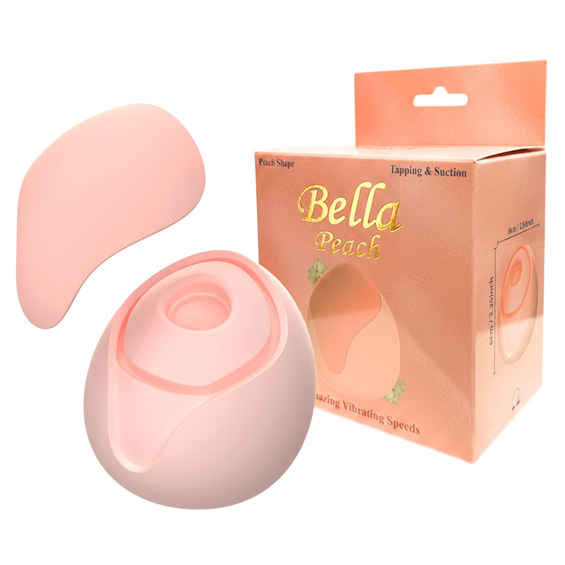 Bella Peach Rechargeable Clitoral Vibrator with peach shape and packaging showcasing amazing vibrating speeds.