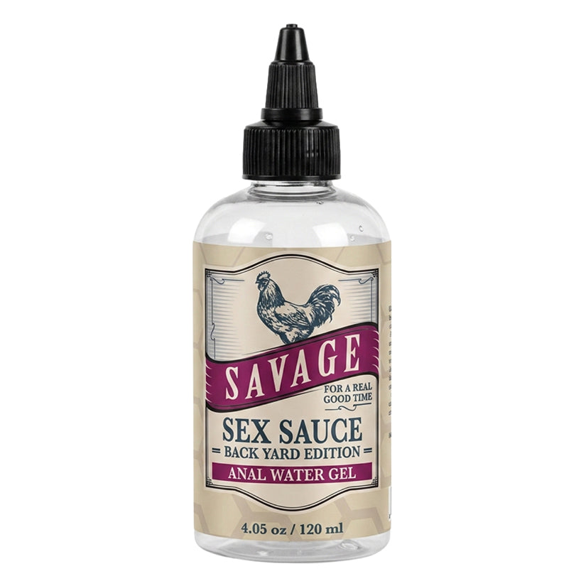 Savage Sex Sauce Backyard Edition 4.05 Oz Lubricant bottle displayed with bold design for intimate use.