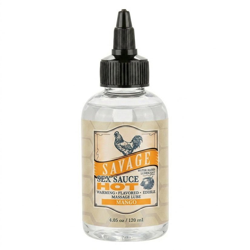 Savage Sex Sauce Hot Mango Flavored Lubricant 4.05 Oz bottle with warming, flavored, edible properties.