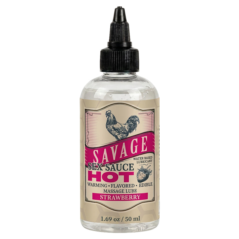 Savage Sex Sauce Hot Strawberry Flavored Lube 1.69 Oz bottle showcasing its warming and edible features.