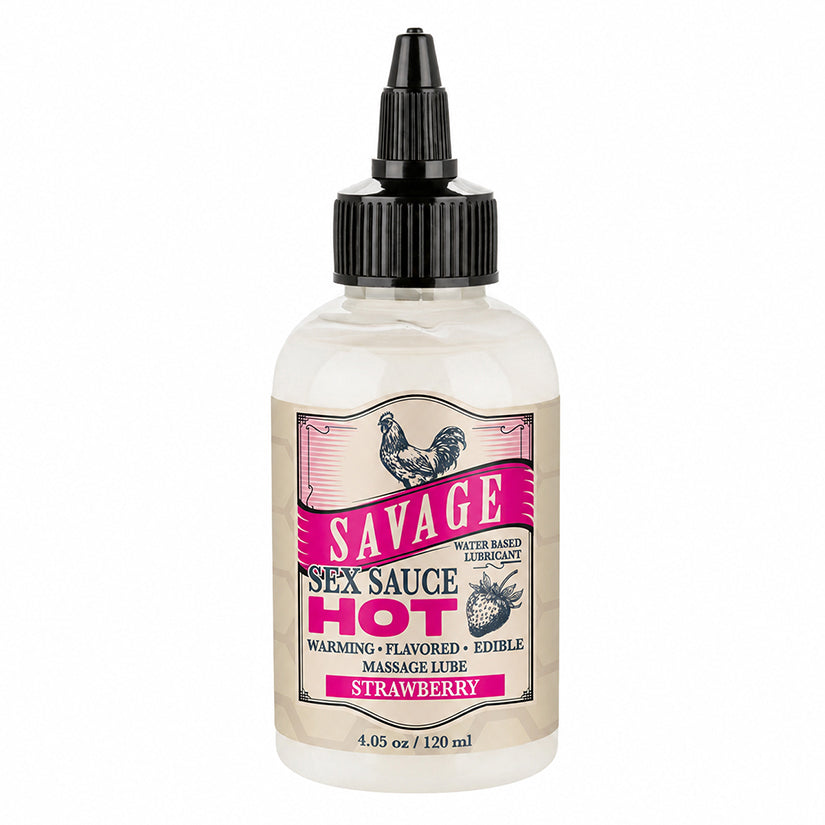 Savage Sex Sauce Hot Strawberry 4.05 Oz Warming Lubricant bottle with flavored, warming properties for intimate moments.