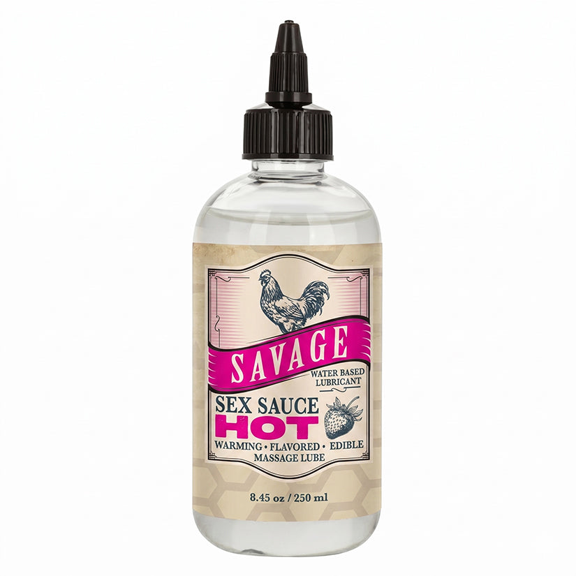 Savage Sex Sauce Hot Strawberry 8.45 Oz Flavored Lube bottle with chicken design and edible warming lube features.
