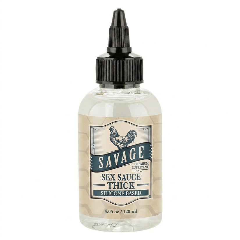 Savage Sex Sauce Thick Lubricant 4.05 Oz in a clear bottle with a nozzle, suitable for enhanced intimacy.