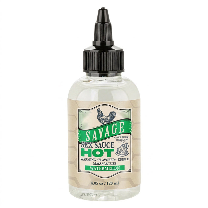 Savage Sex Sauce Hot Watermelon Flavored Lube 4.05 Oz bottle with a black cap and distinctive label.