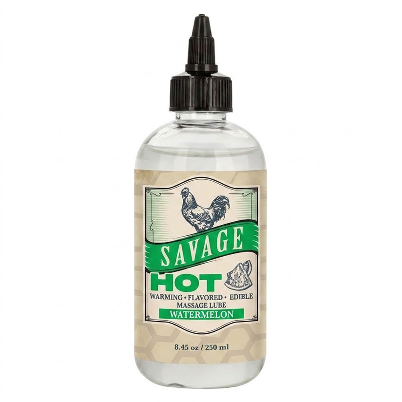 Savage Sex Sauce Hot Watermelon Flavored Lube 8.45 Oz in a clear bottle with a black cap and green label.