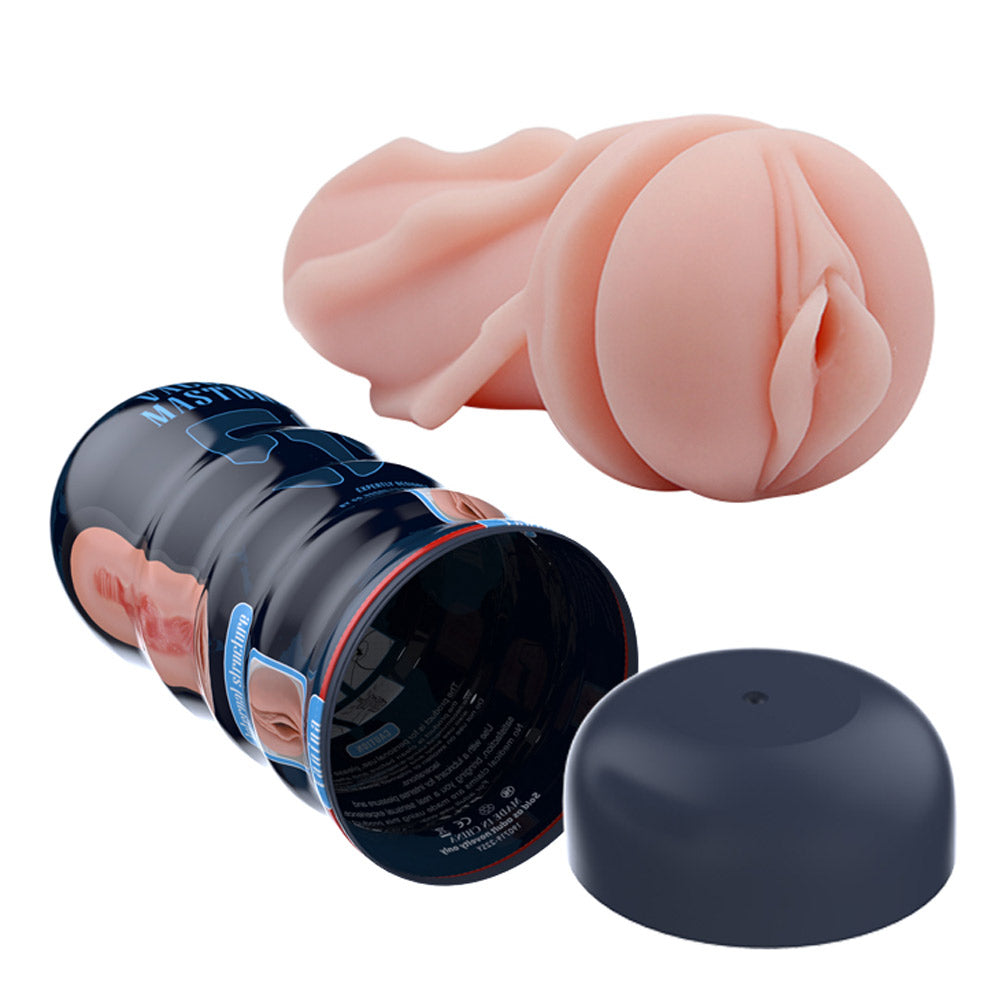 Pretty Love Vagina Vacuum Cup Masturbator Beige on display with realistic design and container.