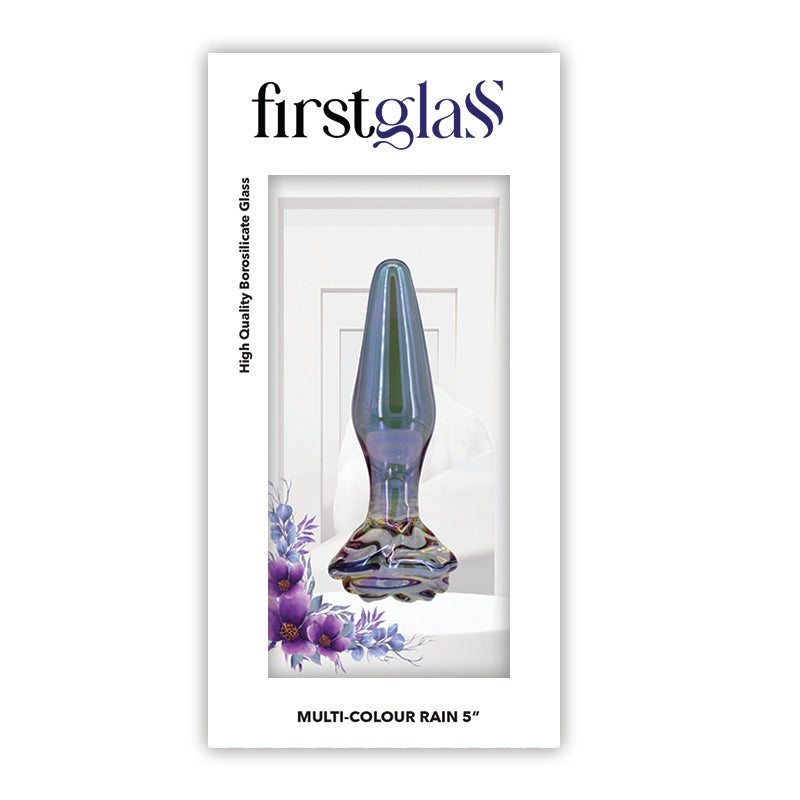 First Glass Rain Butt Plug Small elegantly displayed in packaging showcasing its colorful borosilicate glass design.