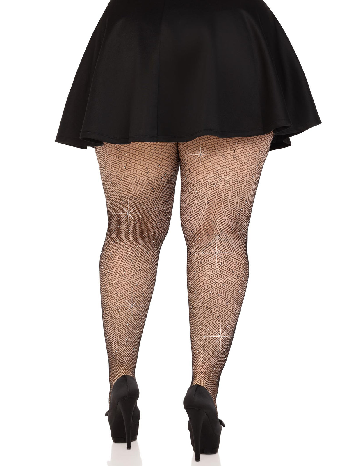 Leg Avenue Colby Rhinestone Fishnet Tights 1X/2X Black paired with a black skirt and heels, showcasing sparkling rhinestones.