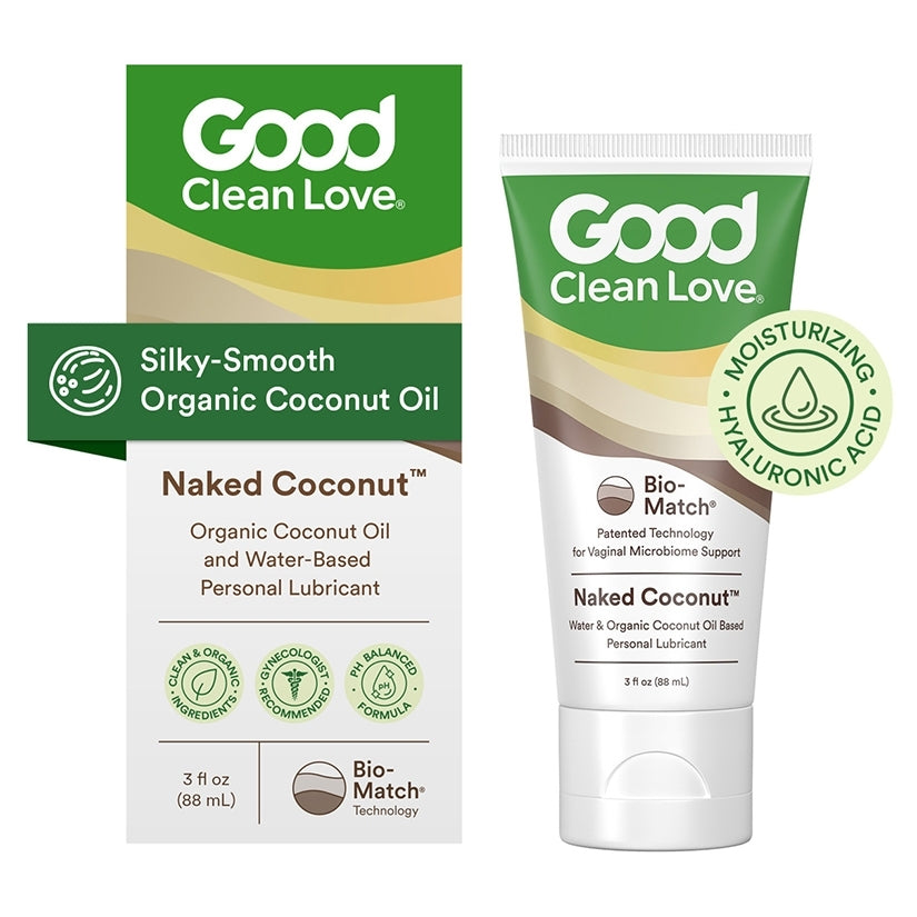 Good Clean Love Naked Coconut Lubricant 3 Oz packaging featuring organic coconut oil and hyaluronic acid for intimate care.