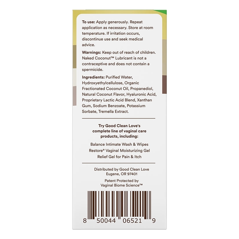 Good Clean Love Naked Coconut Lubricant 3 Oz product back label highlighting ingredients and usage directions.