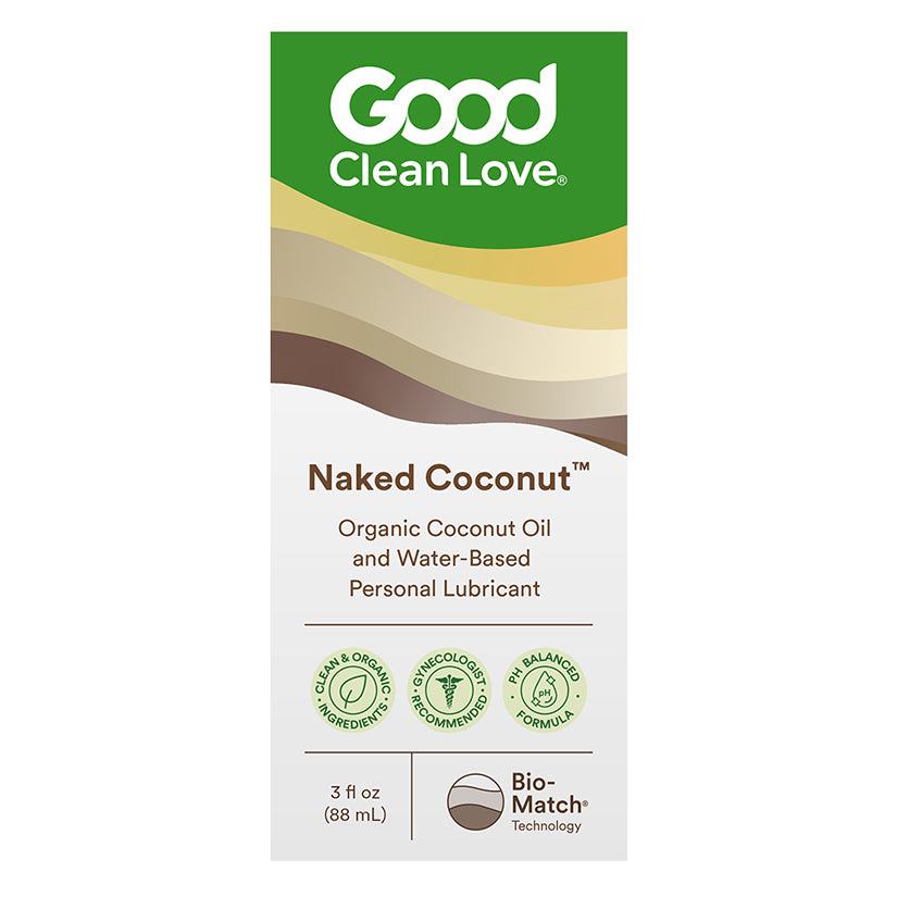 Good Clean Love Naked Coconut Lubricant 3 Oz packaging showcasing organic coconut oil and water-based formula.