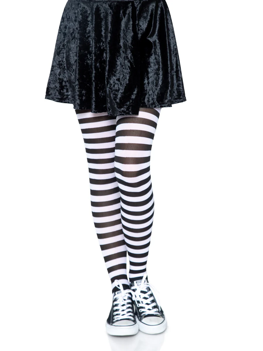 Leg Avenue Jada Nylon Striped Tights Black and White worn with a black skirt and sneakers.