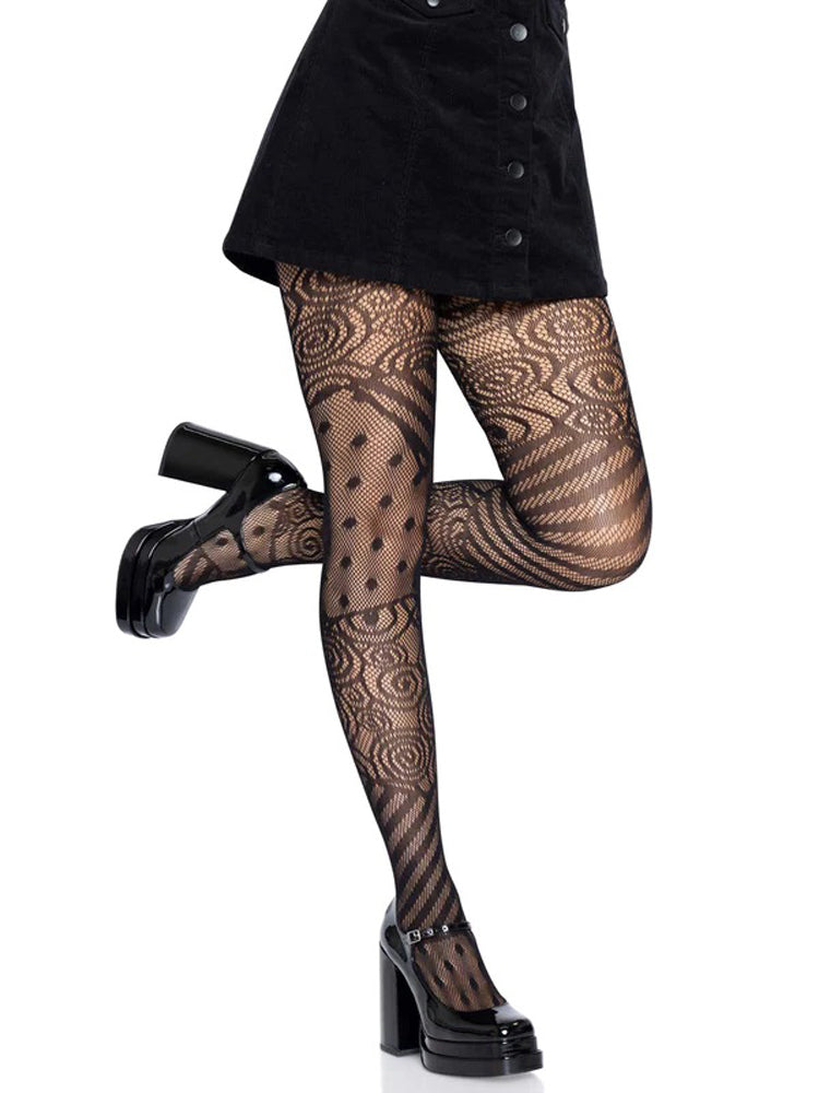 Leg Avenue Doll Net Tights One Size Black showcasing playful fishnet patterns with swirls and dots on a model's leg.
