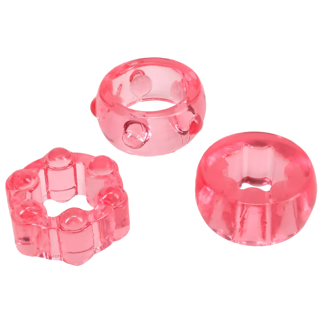 Crystal Jellies Performance Ring Set Pink includes three chunky, textured cock rings for enhanced performance.