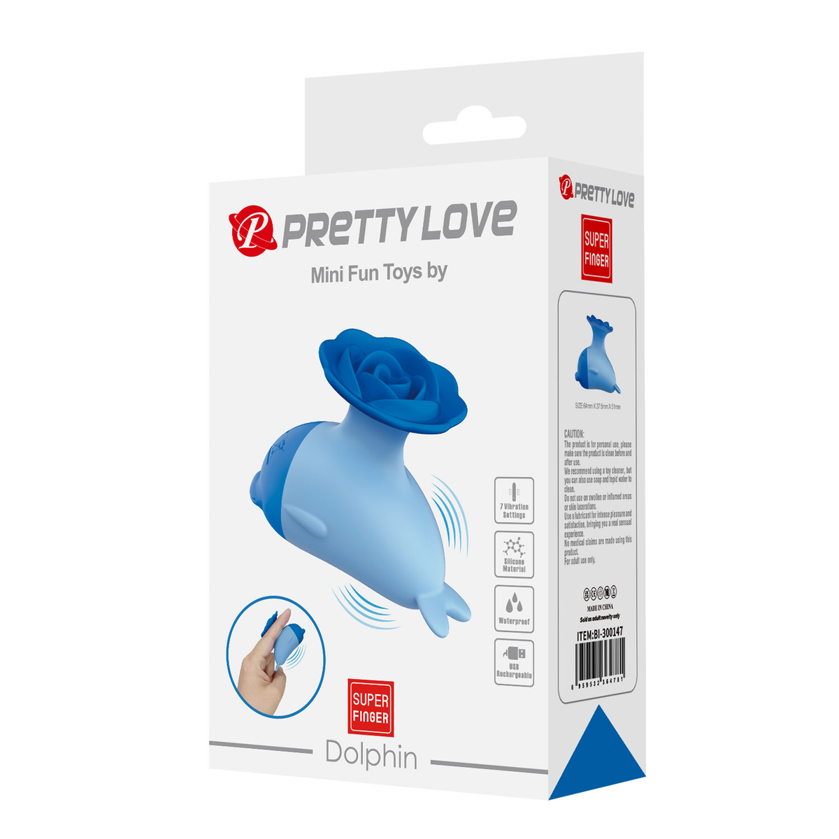 Pretty Love Dolphin Mini Vibrator Blue packaging with sleek design and intuitive controls for pleasure.