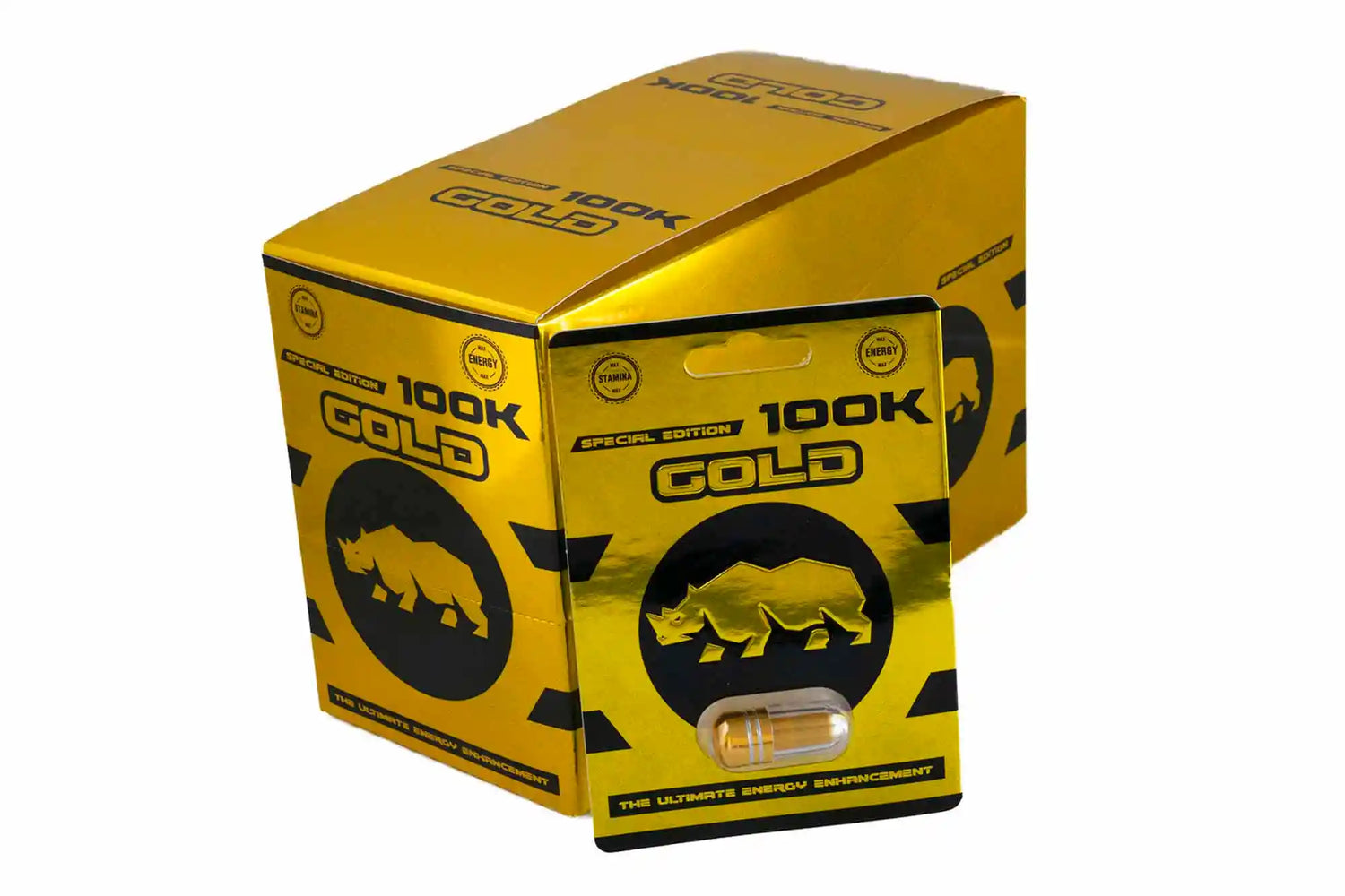 Rhino Gold 100K Special Edition box with capsule, designed for enhanced stamina and performance.