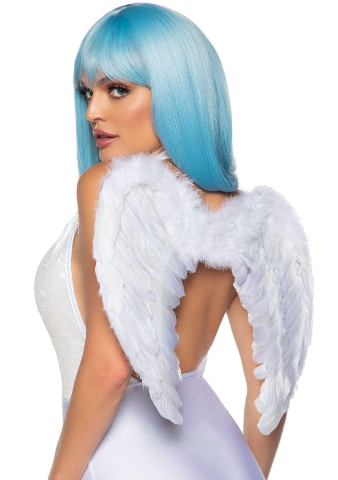 Leg Avenue Marabou Trimmed Feather Angel Wings White worn by model with blue hair, showcasing fluffy marabou trim and feather detail.