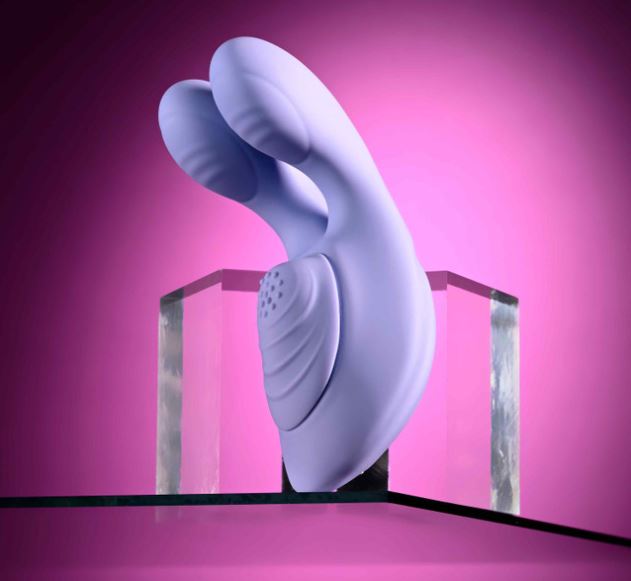 Selopa Handsy Rechargeable Silicone Palm Vibrator Blue on display with a modern purple background.