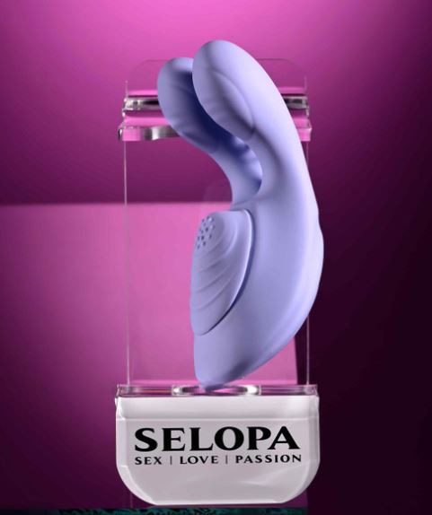 Selopa Handsy Rechargeable Silicone Palm Vibrator Blue displayed in stylish packaging against a vibrant background.
