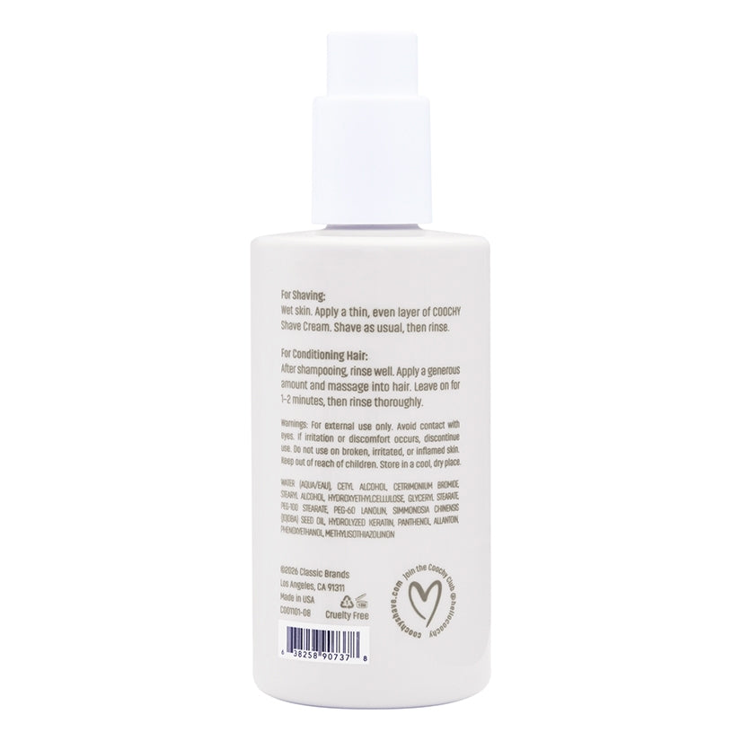 Coochy Shave Cream Au Natural 8 Oz bottle with application instructions for shaving and conditioning hair.