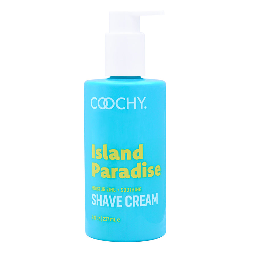 Coochy Shave Cream Island Paradise 8 Oz in a blue bottle with pump for moisturizing and soothing shaving.