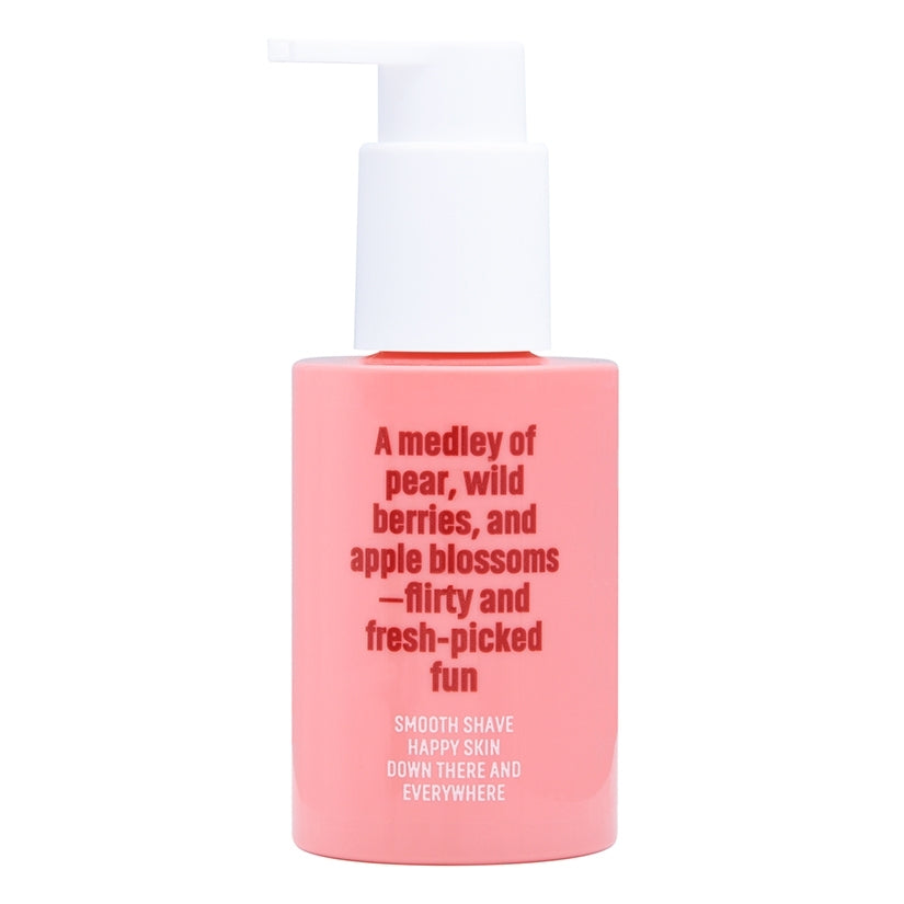 Coochy Rash Free Shave Cream Pear Berry 3.4 oz bottle with a pink design and pump top.