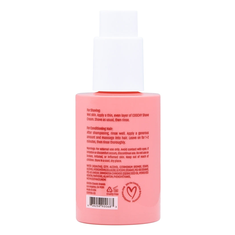 Coochy Rash Free Shave Cream Pear Berry 3.4 oz packaging instructions for shaving and conditioning hair.