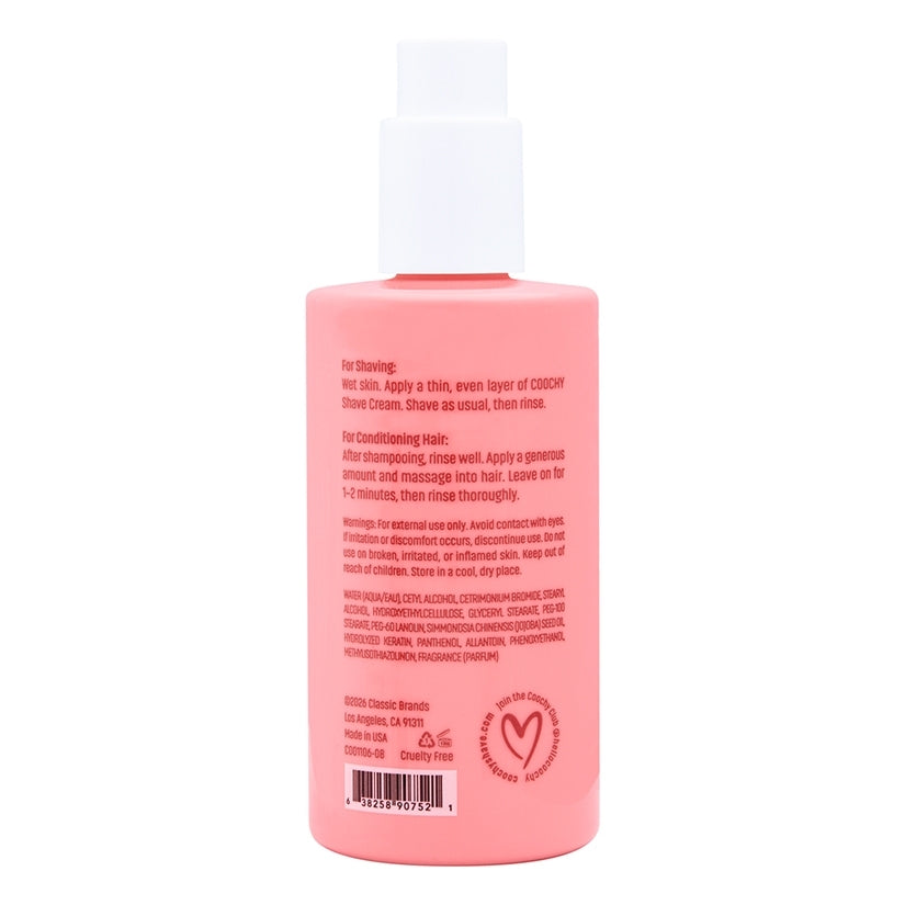 Coochy Shave Cream Pear Berry 8 Oz bottle with moisturizing instructions for shaving and conditioning hair.