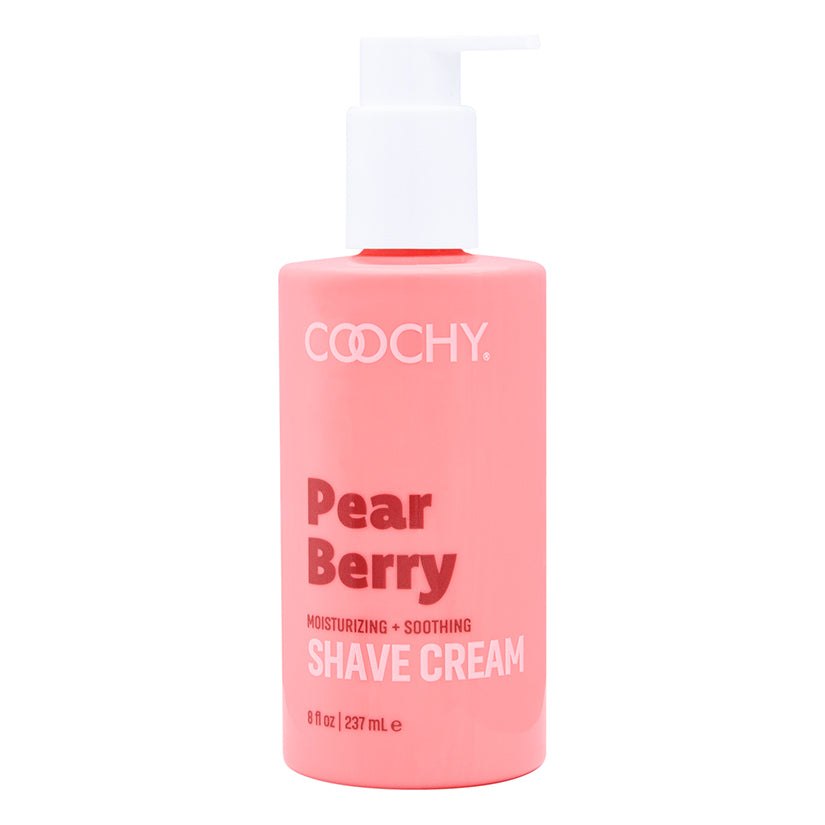Coochy Shave Cream Pear Berry 8 Oz bottle with moisturizing and soothing label, ideal for a smooth shave.