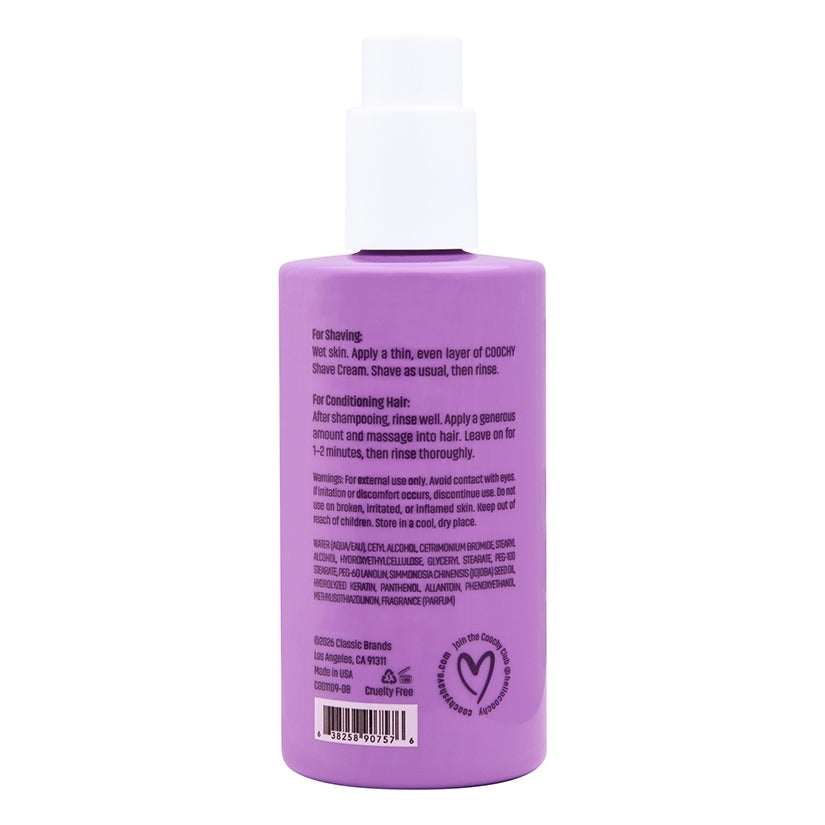 Coochy Shave Cream Flirty Blooms 8 Oz bottle with usage instructions for shaving and conditioning hair.