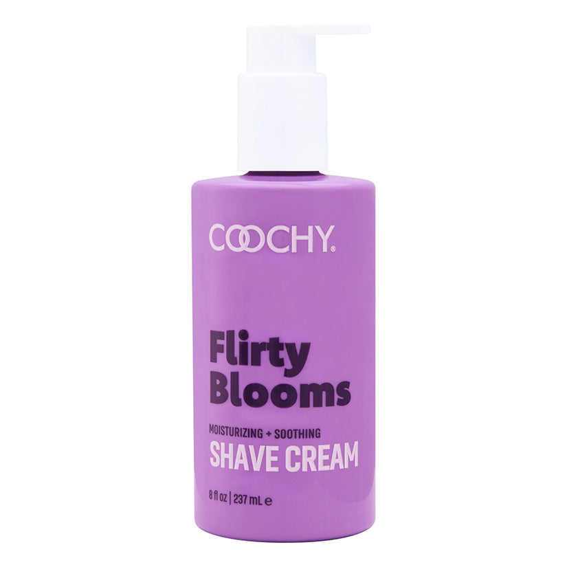 Coochy Shave Cream Flirty Blooms 8 Oz in a purple bottle for a smooth and moisturizing shave experience.