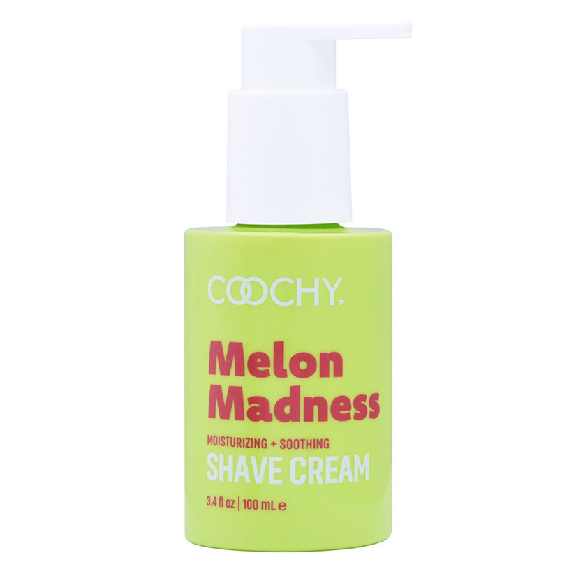 Coochy Shave Cream Melon Madness 3.4 Oz bottle featuring a juicy melon fragrance for a smooth, rash-free shave.