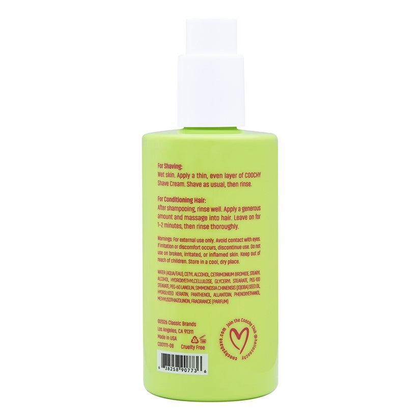 Coochy Shave Cream Melon Madness 8 Oz packaging with instructions for shaving and conditioning hair.