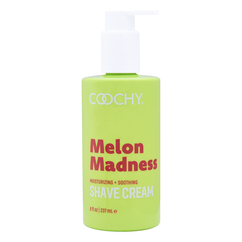 Coochy Shave Cream Melon Madness 8 Oz moisturizing and soothing shave cream in bright green bottle.