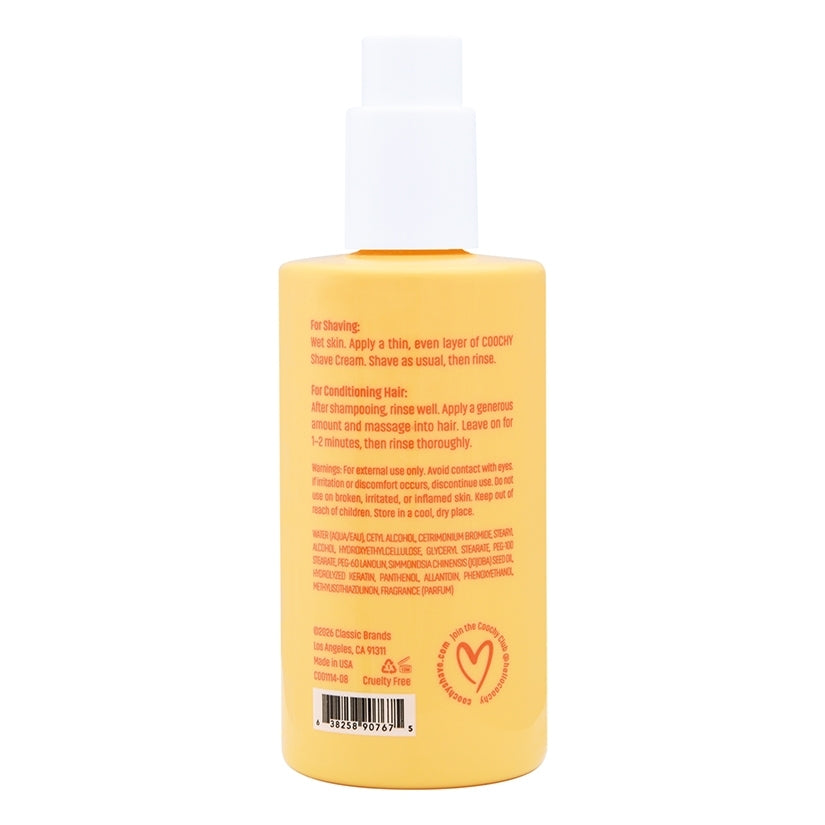 Coochy Shave Cream Peachy Keen 8 Oz back label showing usage instructions and ingredients for rash-free shaving.