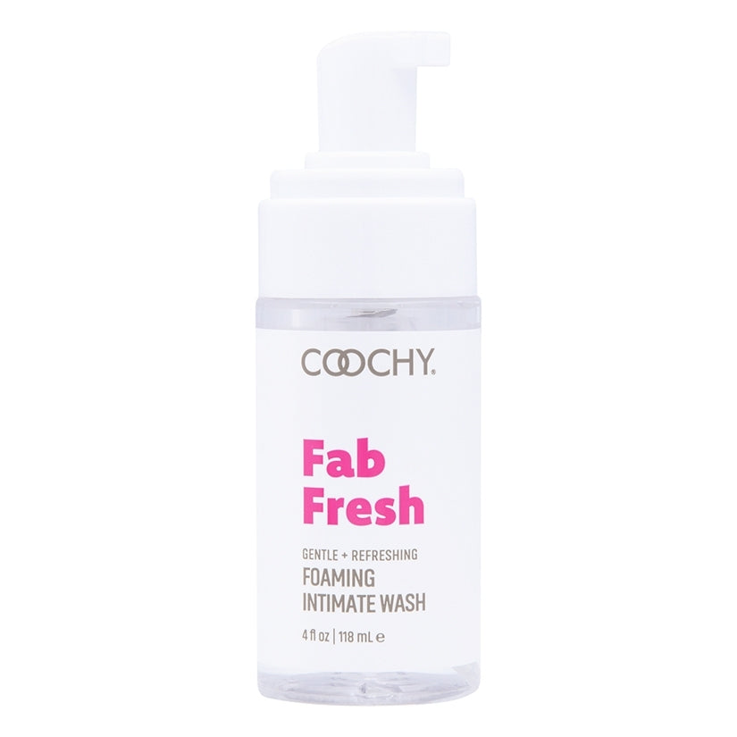 Coochy Fab Fresh Intimate Foaming Cleanser Peony 4 Oz in a bottle with pump and pink lettering.