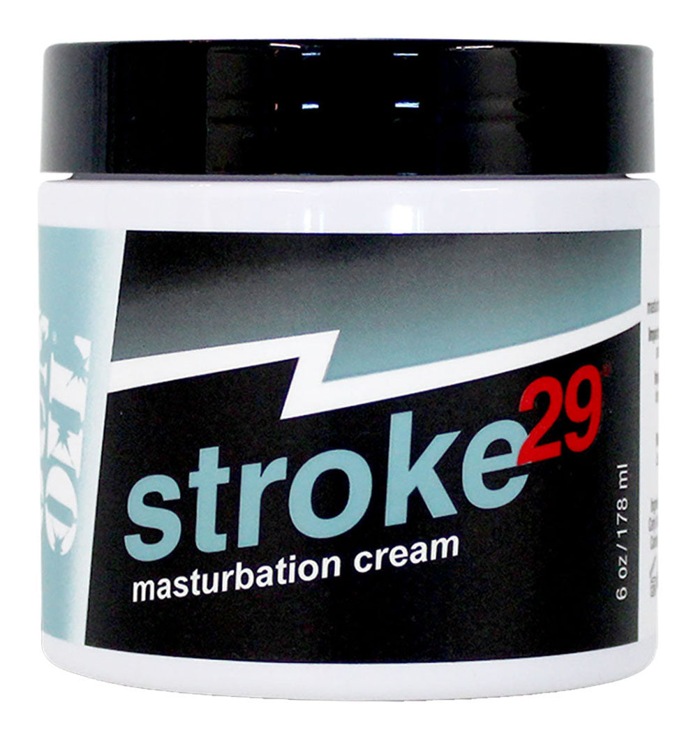 Gun Oil Stroke 29 Jar Masturbation Cream 6 Oz packaging featuring a sleek design and product information.