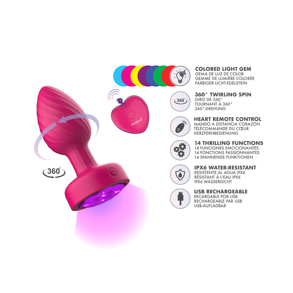 Twila Purple Gem Light Up Vibrating Anal Plug showcasing a heart remote control and colorful light gem features.