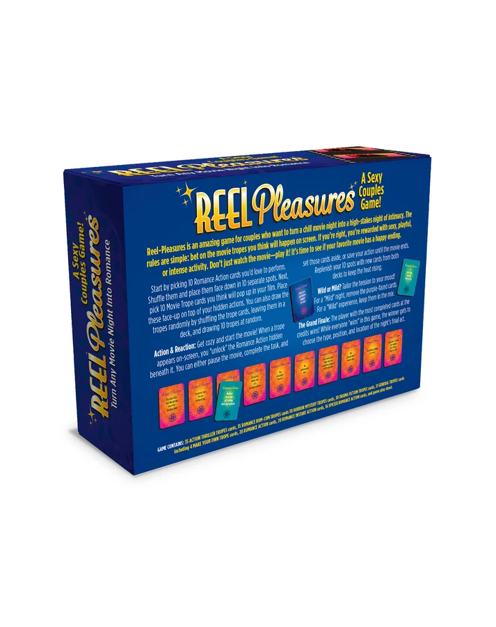 Little Genie Reel Pleasures Couples Card Game packaging featuring game rules and components for an engaging movie night.
