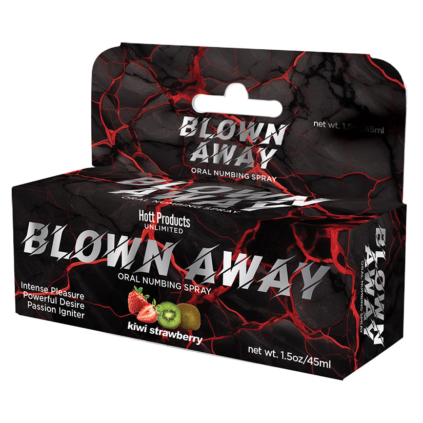 Blown Away Oral Numbing Spray Strawberry Kiwi 1.5 Oz packaging with vibrant design and flavor details.